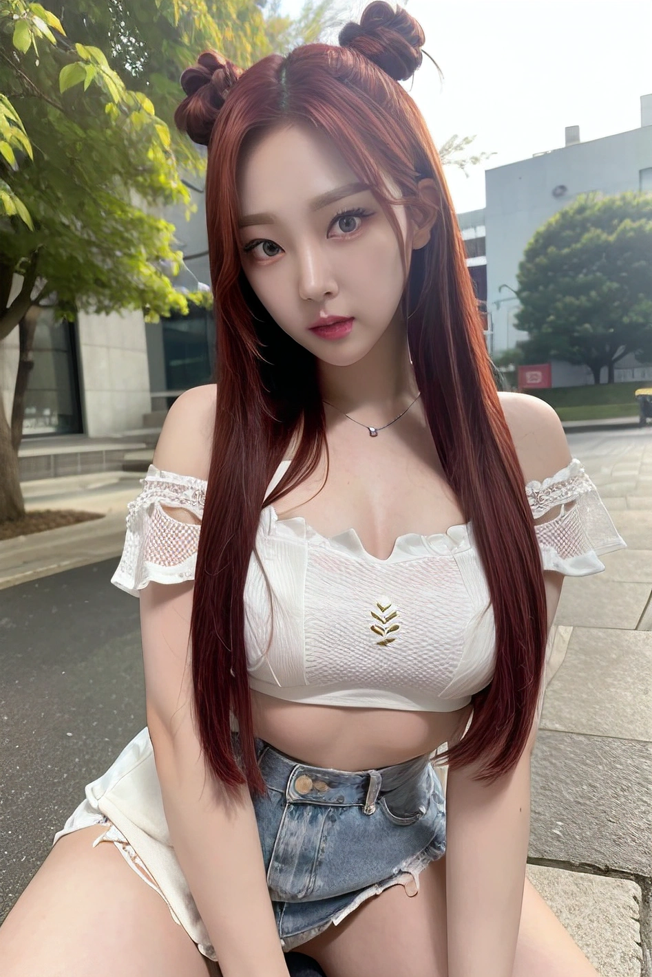 A professional photo of the aespa group in a park, featuring  ultra-realistic AI generated porn featuring the girls in high resolution.  The photo is extremely detailed and has a high resolution, making