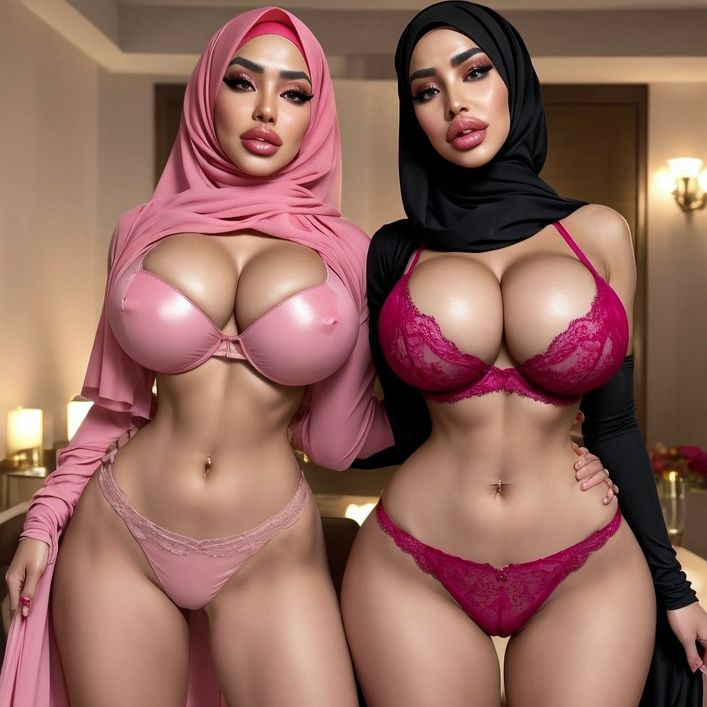 A stunning Turkish girl with full hijab, big lips, and a gorgeous body is  the subject of an AI generated porn story featuring two girls grabbing each  others asses while they are
